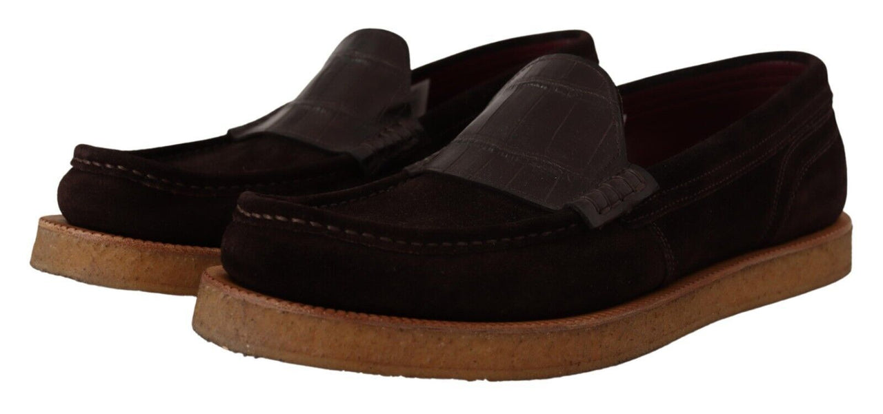 Elegant Suede Crocodile Loafers in Brown