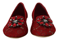 Thumbnail for Radiant Red Lace Ballet Flats with Crystal Buckle