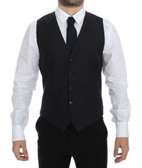 Thumbnail for Black Striped Wool Silk Dress Vest Gilet