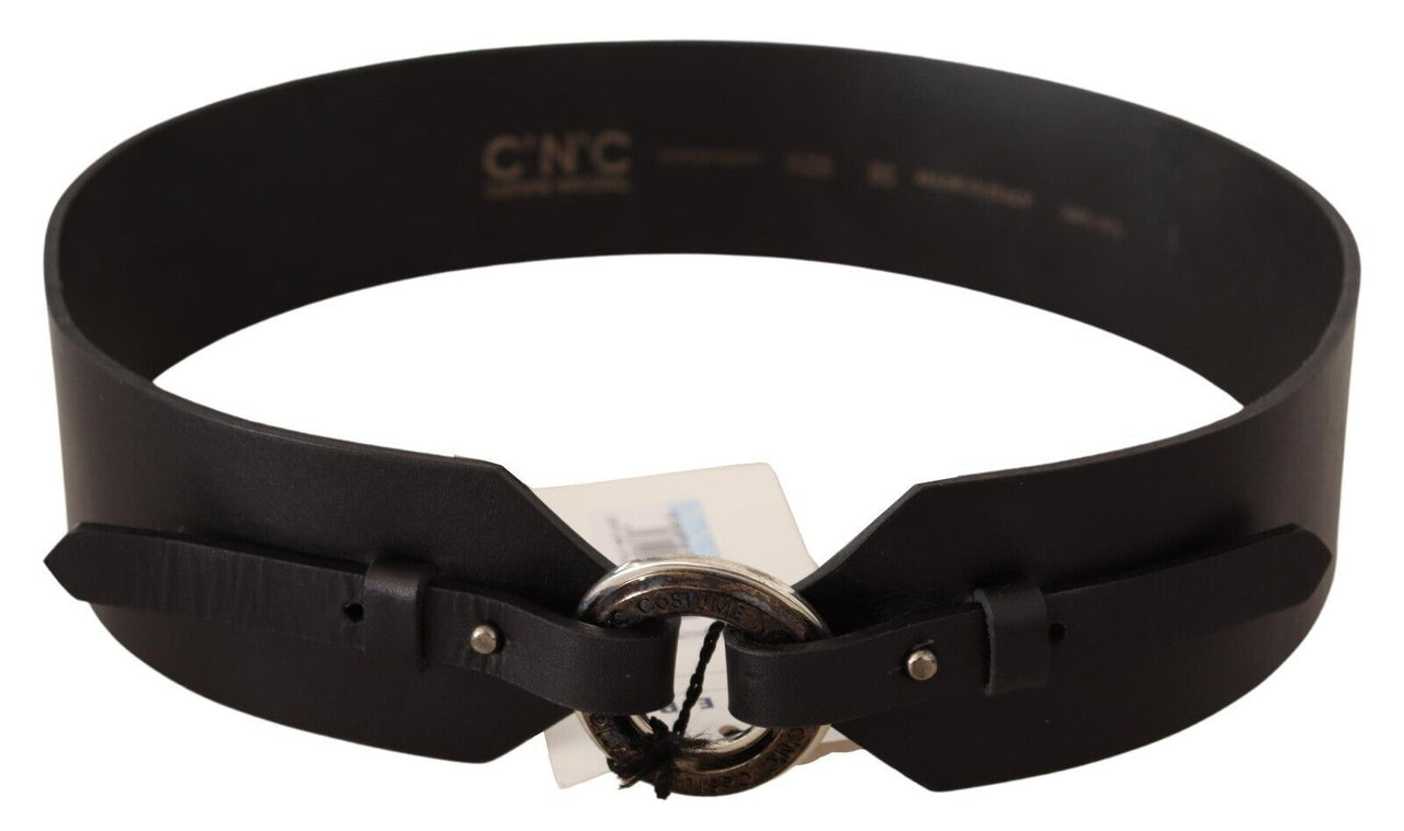 Black Leather Silver Round Buckle Belt