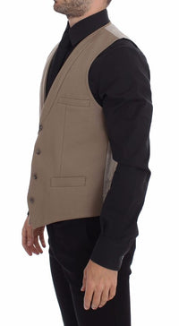Thumbnail for Beige Cotton Slim Fit Button Front Dress Vest