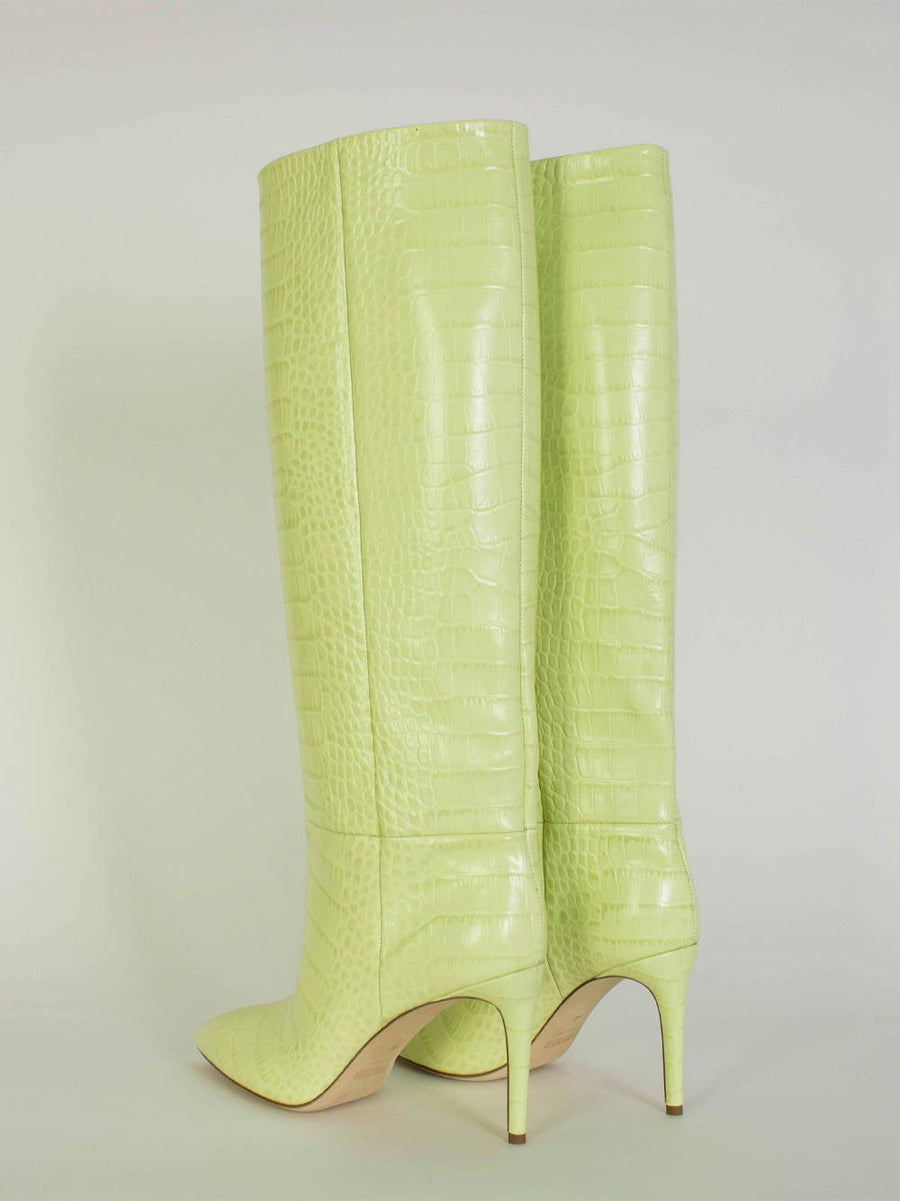 Elegant Lime Croco Leather High Stiletto Boots