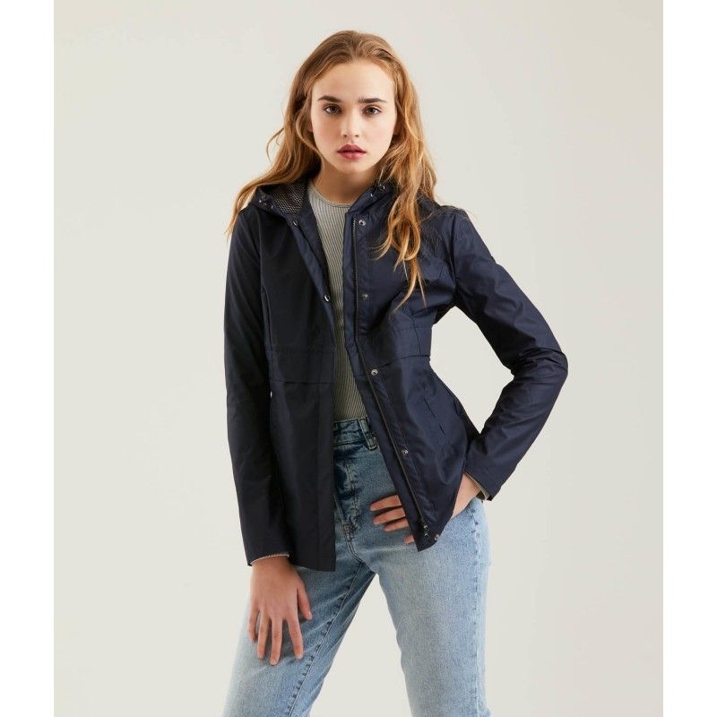 Chic Blue Polyester Jacket with Zip and Button Detail