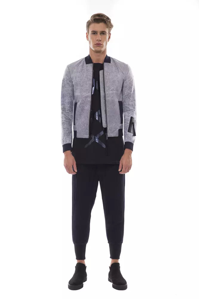 Sleek Gray Bomber Jacket with Emblem Accent