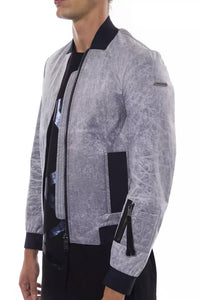 Thumbnail for Sleek Gray Bomber Jacket with Emblem Accent