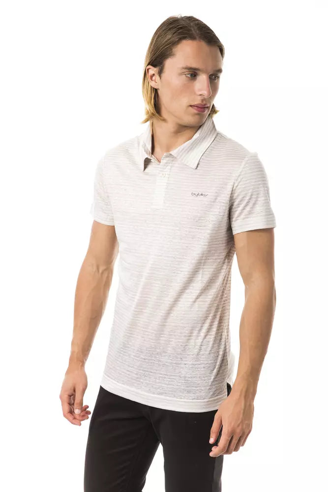 Elegant Beige Linen Polo with Chest Embroidery
