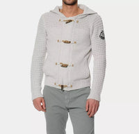 Thumbnail for Beige Hooded Knit Cardigan with Logo Detail