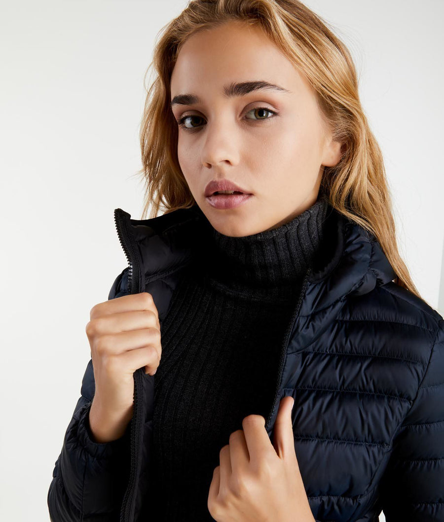 Elegant Satin-Feel Down Jacket in Dark Blue