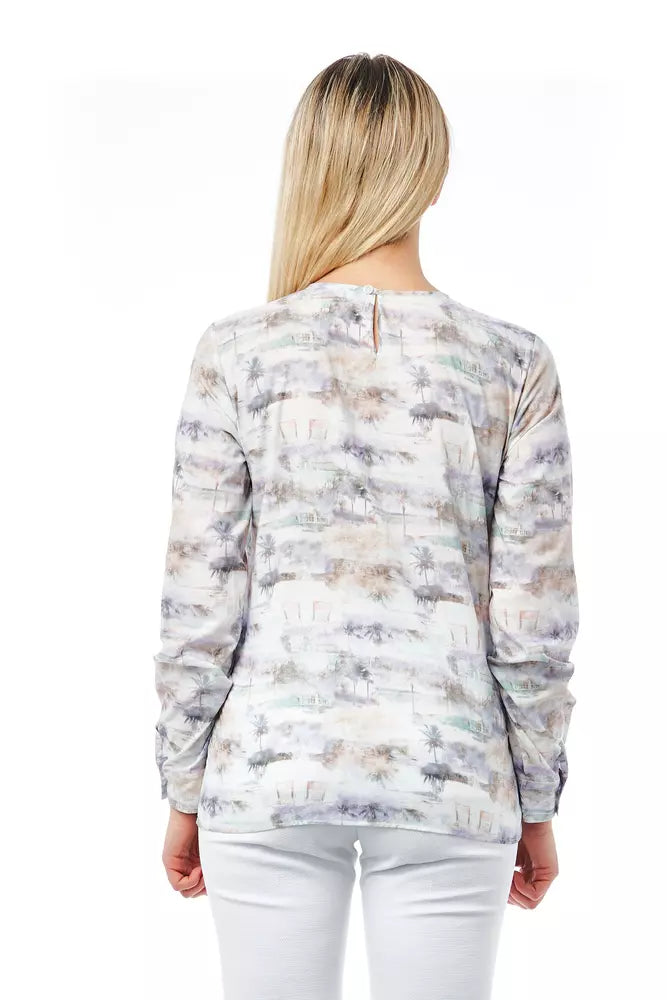 Elegant Fantasy Print Round Neck Cotton Blouse