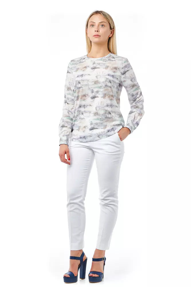 Elegant Fantasy Print Round Neck Cotton Blouse