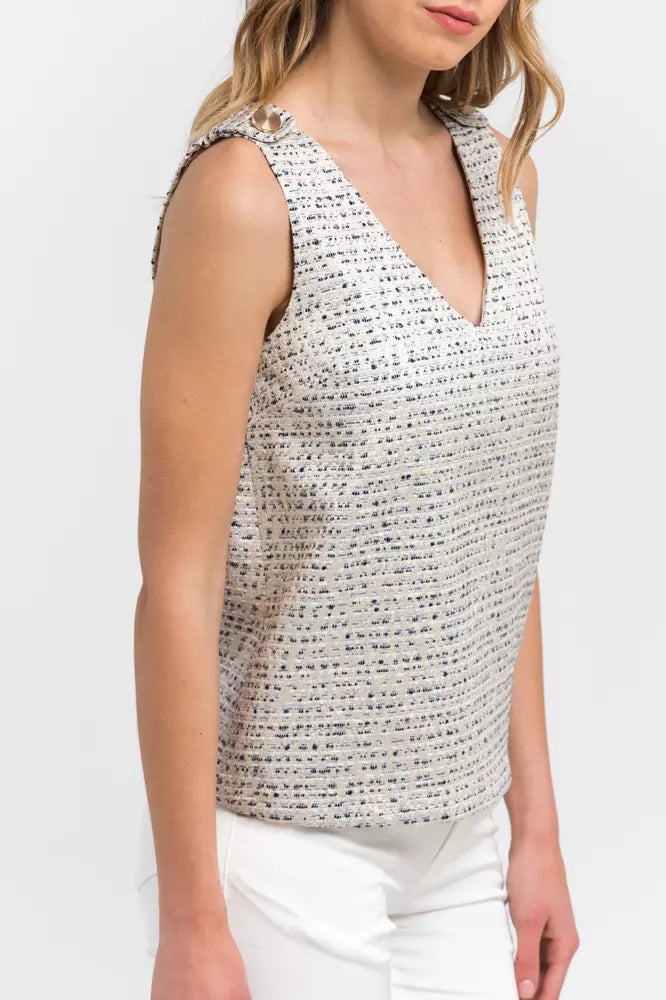 Elegant V-Neck Jacquard Top in Beige
